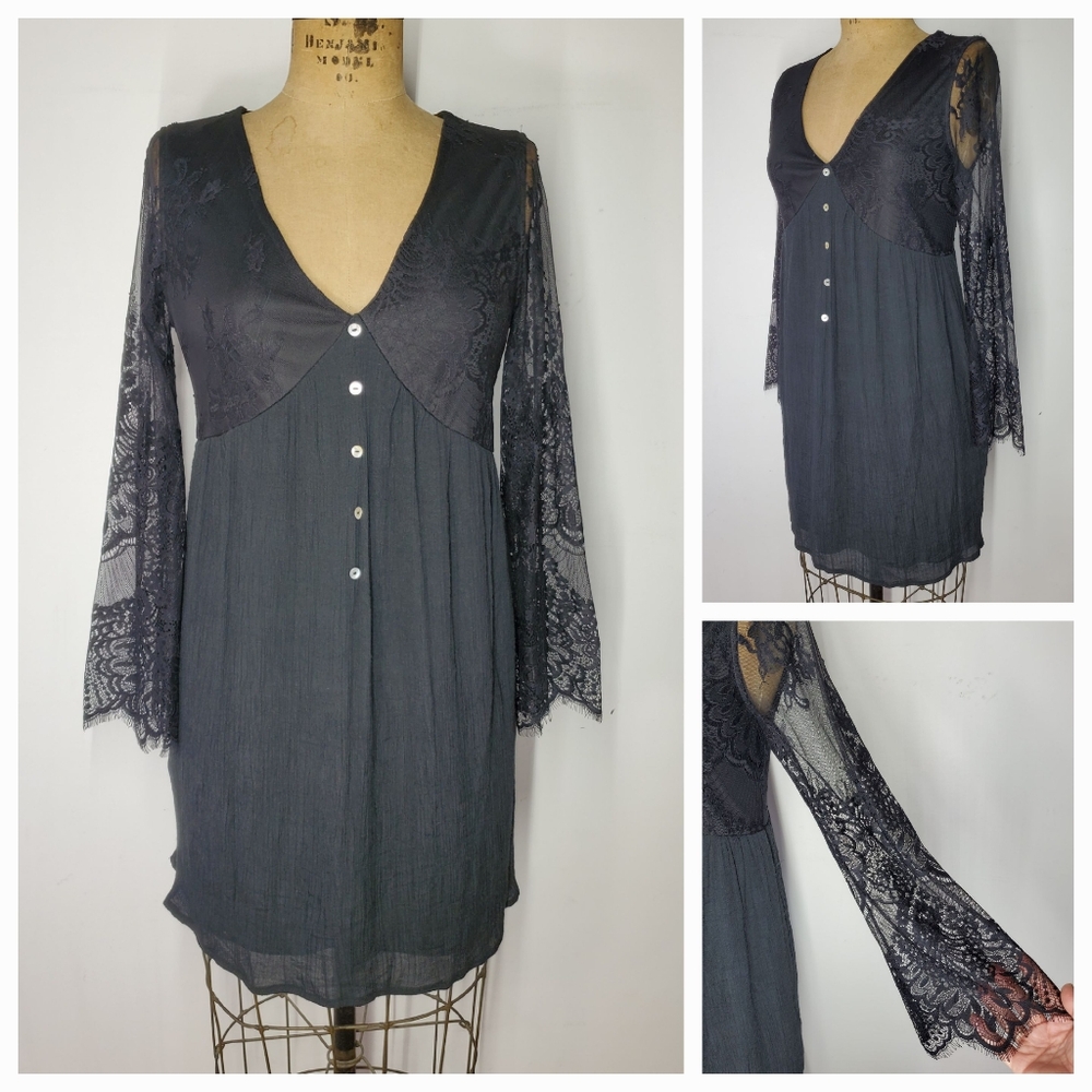 BaeVely S/M Dress Black Mini Lace Long Sleeve Empire Lined Creppe MoP Buttons